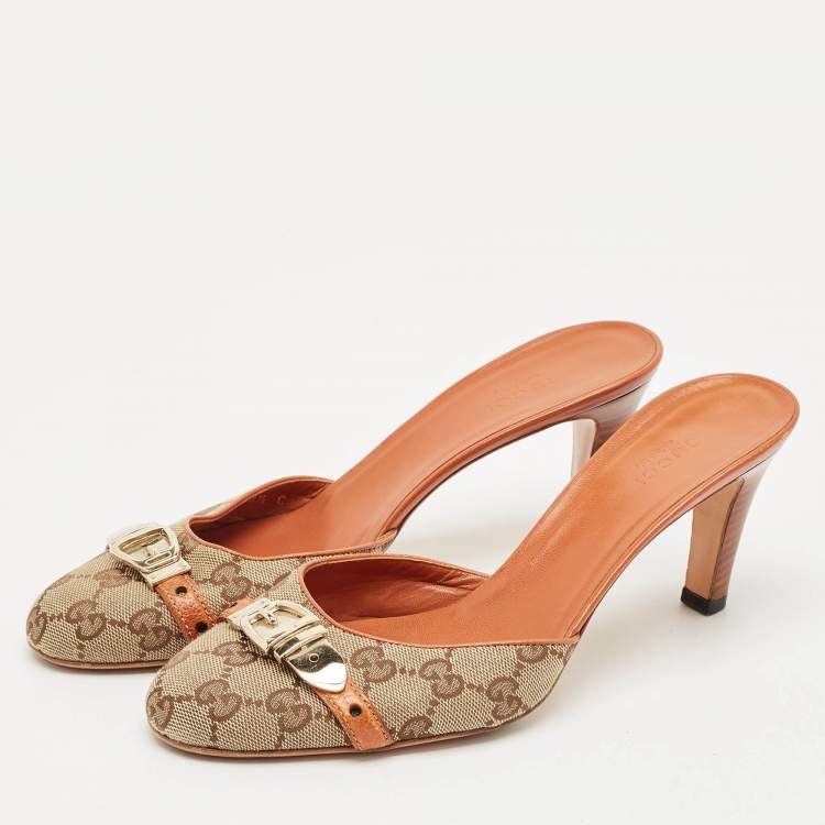 Pre Owned Gucci Grey/Brown Canvas and Leather Mules Size 38.5