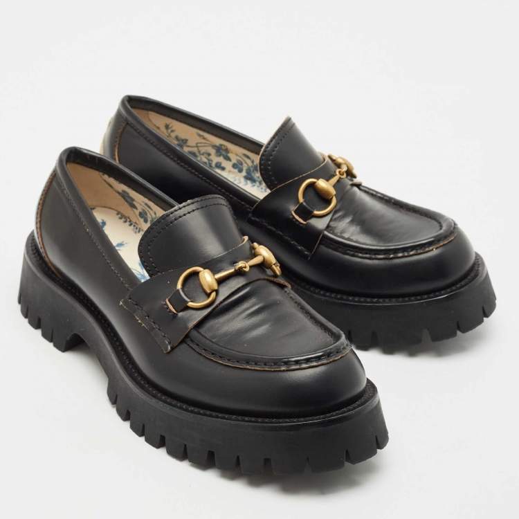 Pre Owned Gucci Black Leather Horsebit Loafers Size 38.5