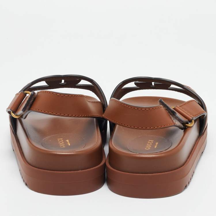 Pre Owned Gucci Brown Leather Interlocking G Flat Sandals Size 39.5