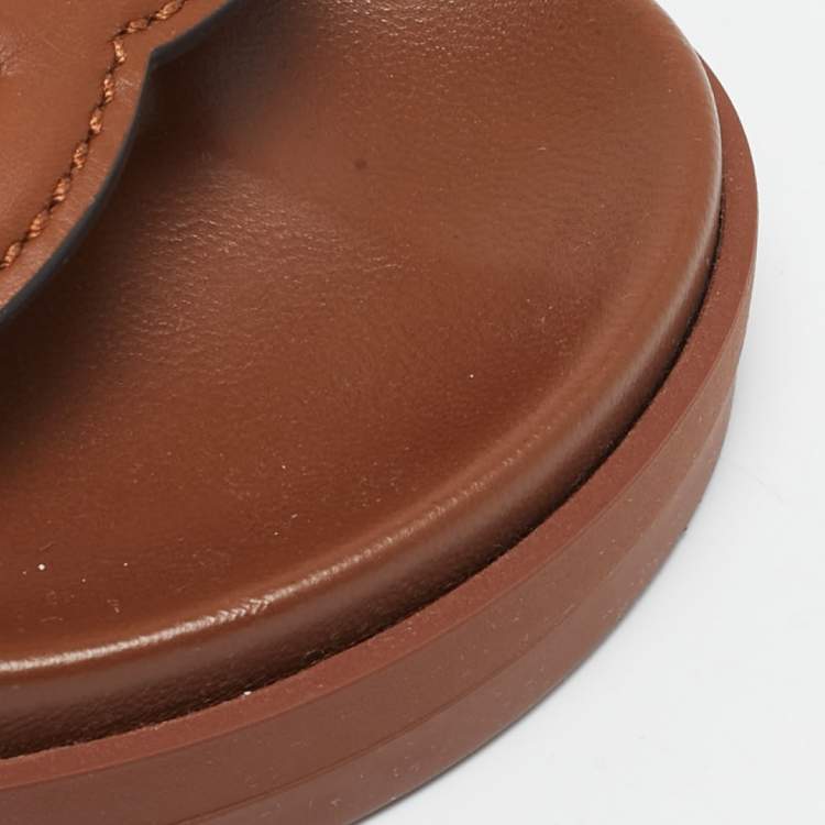 Pre Owned Gucci Brown Leather Interlocking G Flat Sandals Size 39.5