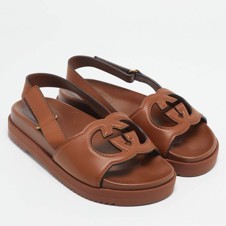 Pre Owned Gucci Brown Leather Interlocking G Flat Sandals Size 39.5