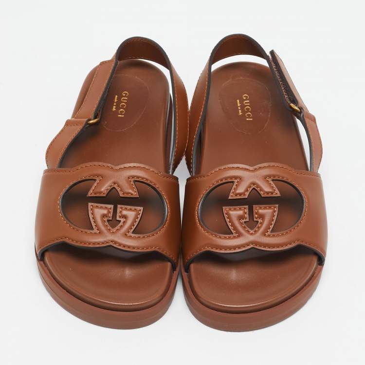 Pre Owned Gucci Brown Leather Interlocking G Flat Sandals Size 39.5