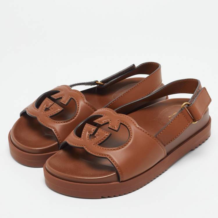 Pre Owned Gucci Brown Leather Interlocking G Flat Sandals Size 39.5