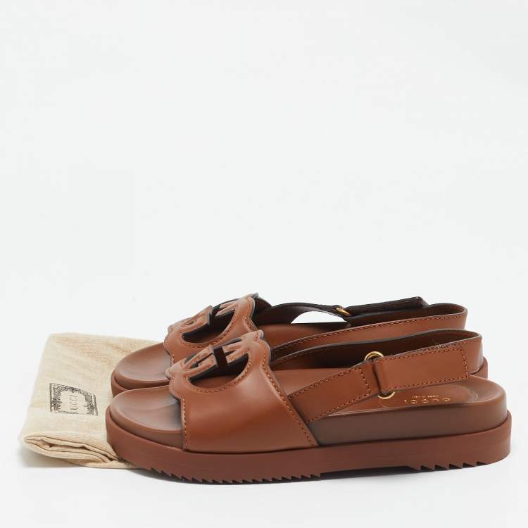 Pre Owned Gucci Brown Leather Interlocking G Flat Sandals Size 39.5