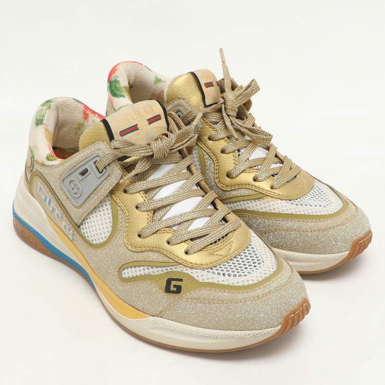 Pre Owned Gucci Cream/Metallic Leather and Glitter Ultrapace Low Top Sneakers Size 36.5