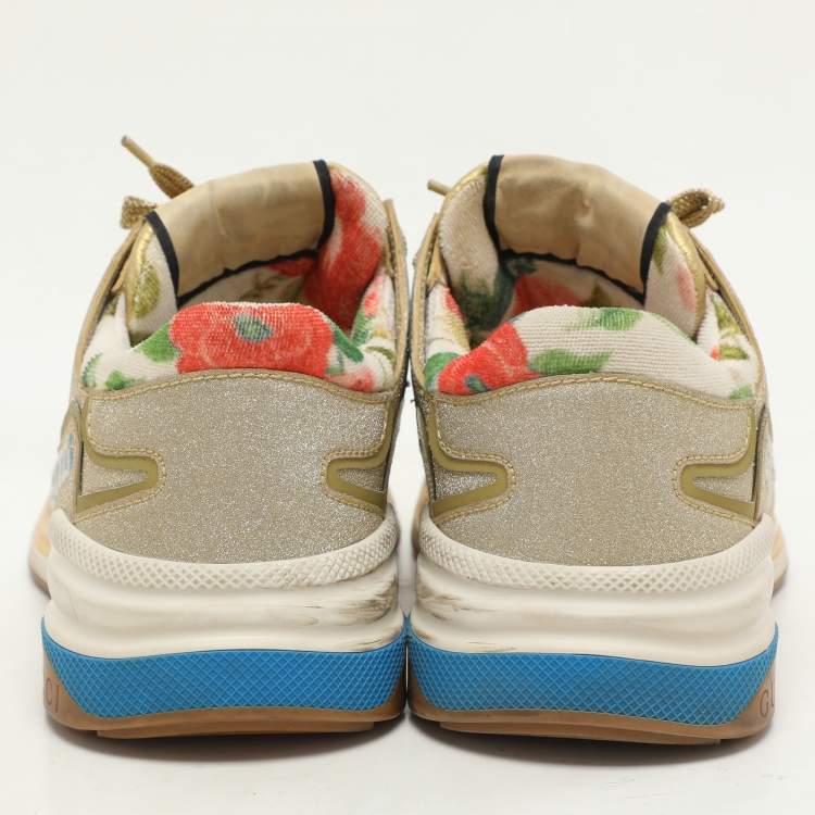 Pre Owned Gucci Cream/Metallic Leather and Glitter Ultrapace Low Top Sneakers Size 36.5
