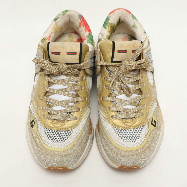 Pre Owned Gucci Cream/Metallic Leather and Glitter Ultrapace Low Top Sneakers Size 36.5