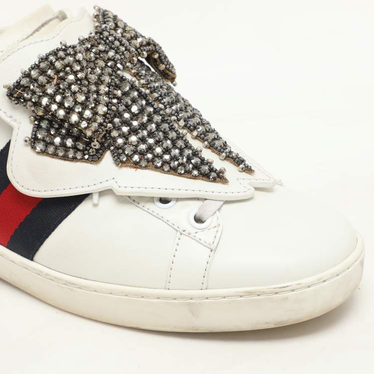 Pre Owned Gucci White Leather Ace Removable Patch Low Top Sneakers Size 36.5