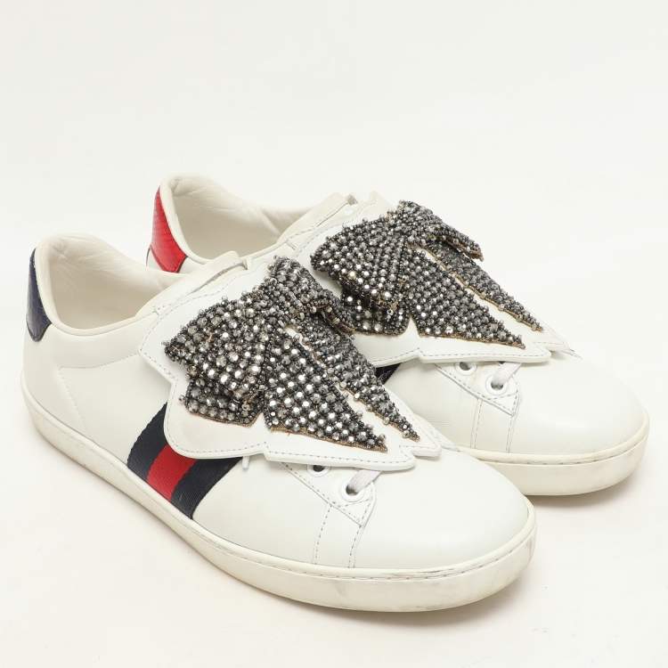 Pre Owned Gucci White Leather Ace Removable Patch Low Top Sneakers Size 36.5
