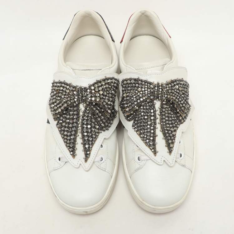 Pre Owned Gucci White Leather Ace Removable Patch Low Top Sneakers Size 36.5