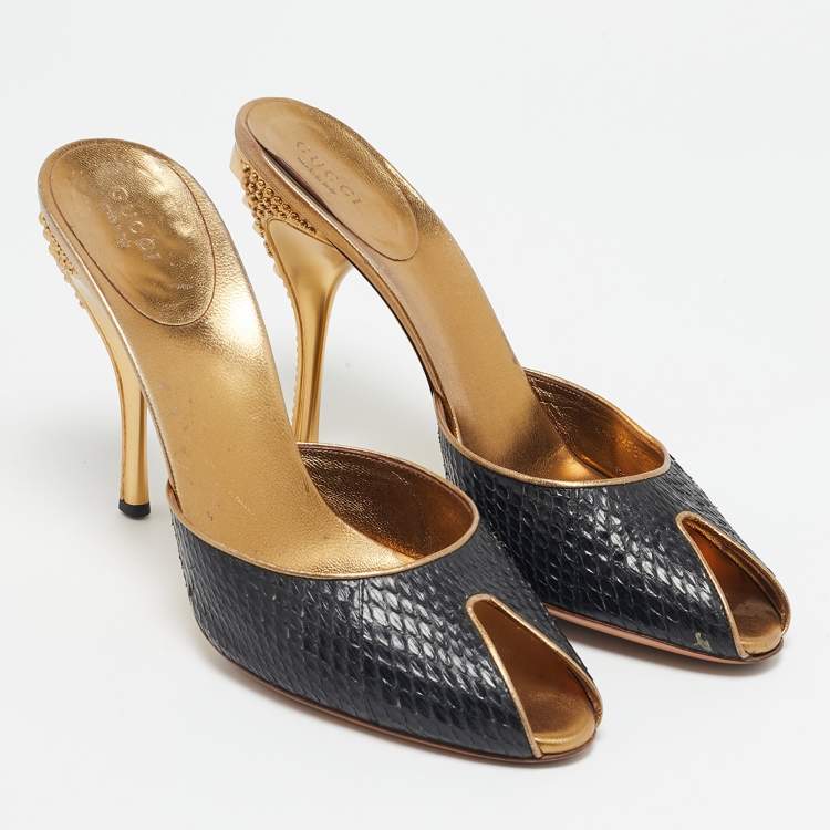 مملوكة مسبقًا Gucci Black/Gold Snakeskin and Leather Slide Sandals Size 40
