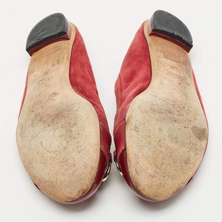 Pre Owned Gucci Red Patent Leather and Suede Horsebit Ballet Flats Size 39