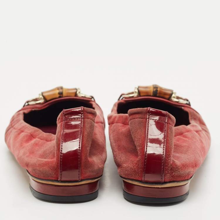 Pre Owned Gucci Red Patent Leather and Suede Horsebit Ballet Flats Size 39