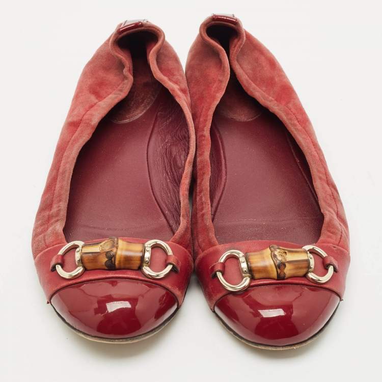 Pre Owned Gucci Red Patent Leather and Suede Horsebit Ballet Flats Size 39