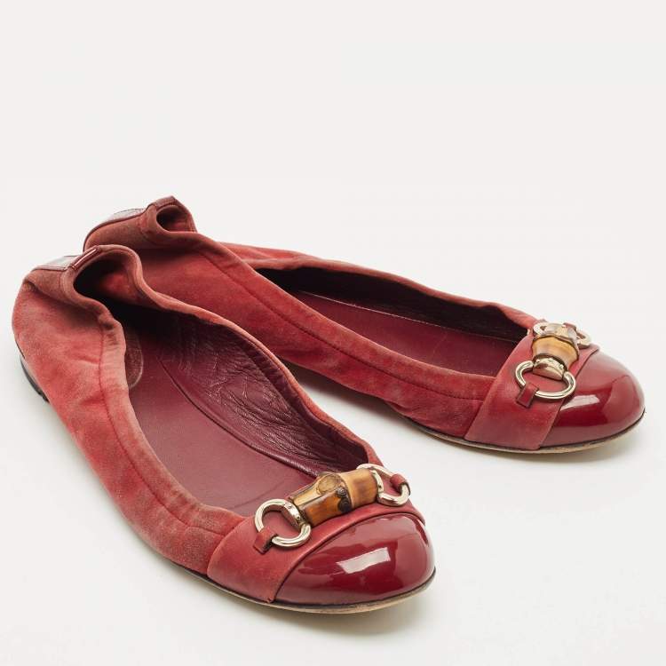 Pre Owned Gucci Red Patent Leather and Suede Horsebit Ballet Flats Size 39