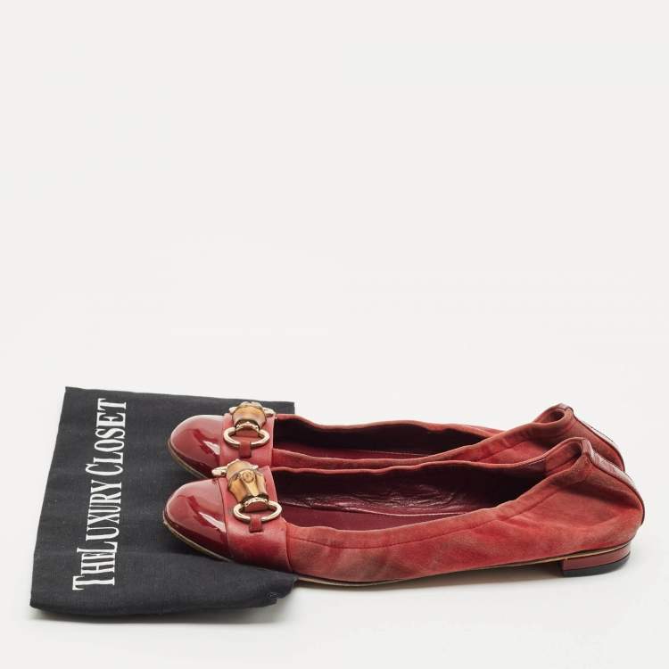 Pre Owned Gucci Red Patent Leather and Suede Horsebit Ballet Flats Size 39