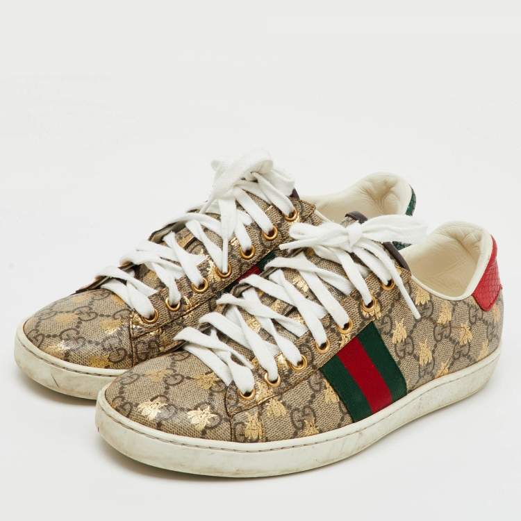 Pre Owned Gucci Beige/Brown GG Supreme Canvas Bee Web Ace Sneakers Size 37.5