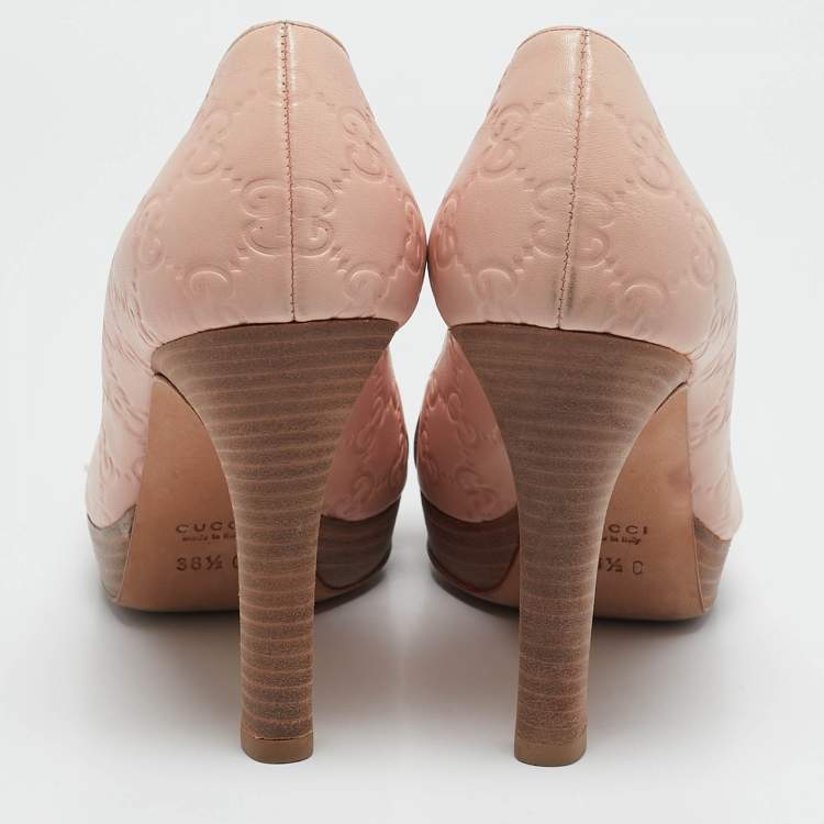 Pre Owned Gucci Pink Guccissima Leather Horsebit Peep Toe Pumps Size 38.5