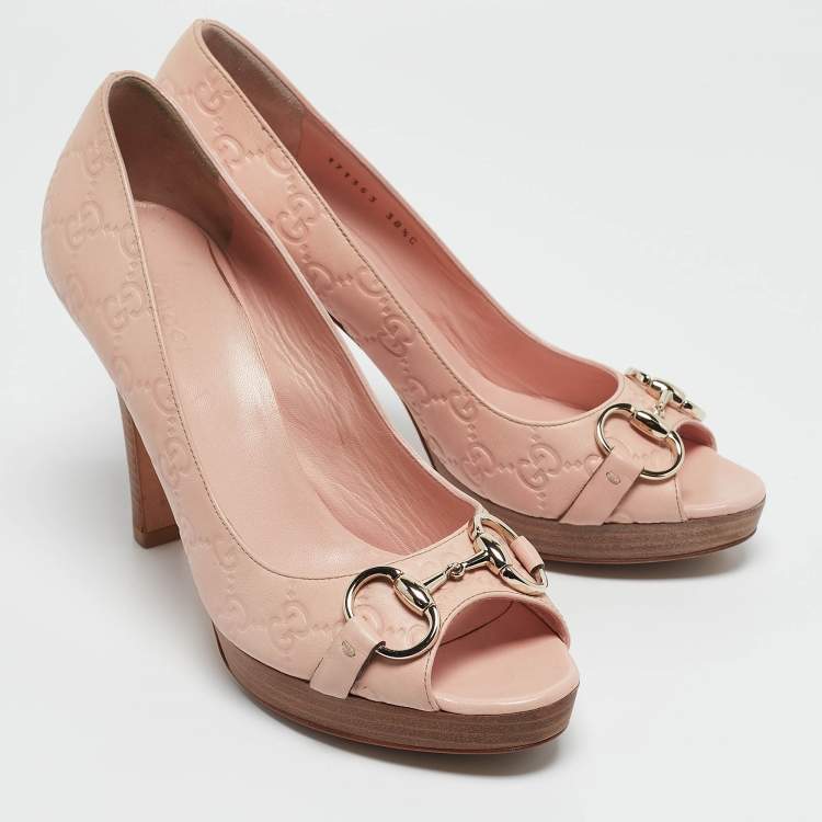 Pre Owned Gucci Pink Guccissima Leather Horsebit Peep Toe Pumps Size 38.5