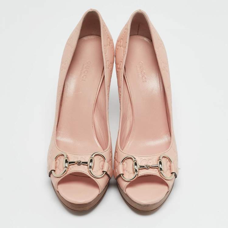 Pre Owned Gucci Pink Guccissima Leather Horsebit Peep Toe Pumps Size 38.5