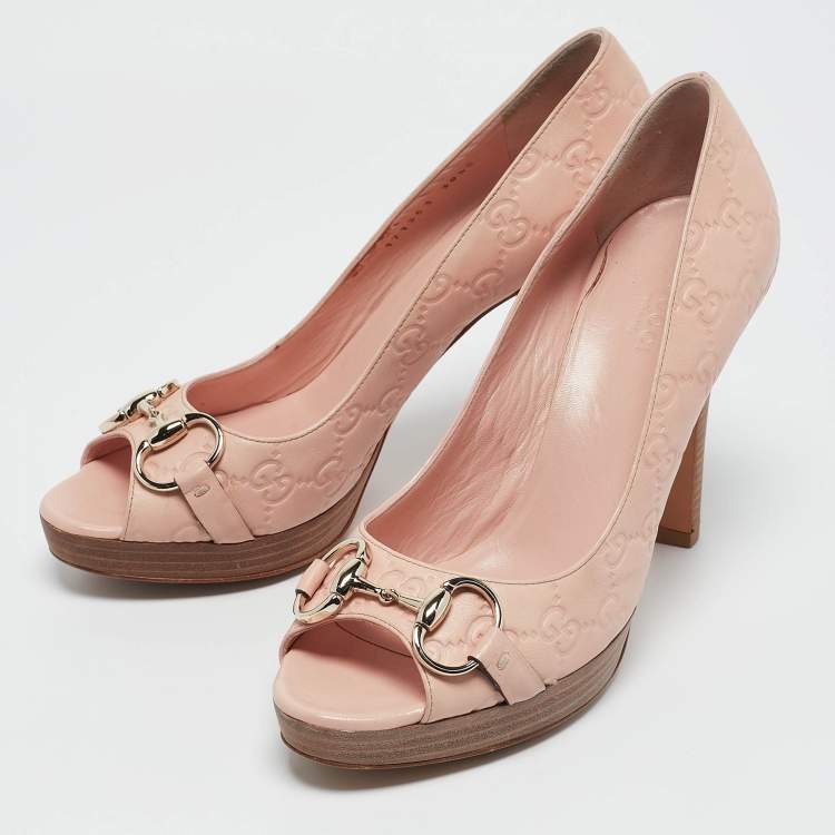 Pre Owned Gucci Pink Guccissima Leather Horsebit Peep Toe Pumps Size 38.5
