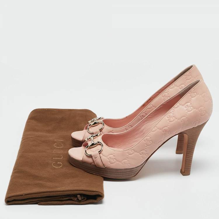Pre Owned Gucci Pink Guccissima Leather Horsebit Peep Toe Pumps Size 38.5