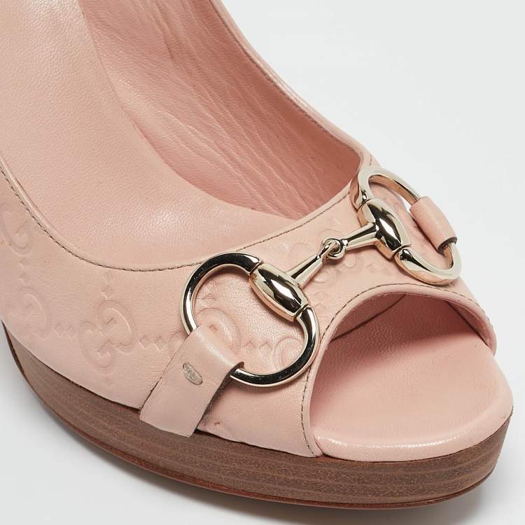 Pre Owned Gucci Pink Guccissima Leather Horsebit Peep Toe Pumps Size 38.5