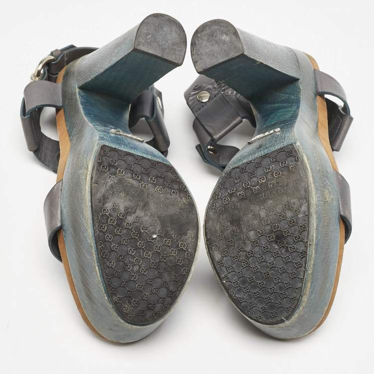 Pre Owned Gucci Navy Blue Leather Claudie Ankle Strap Sandals Size 39
