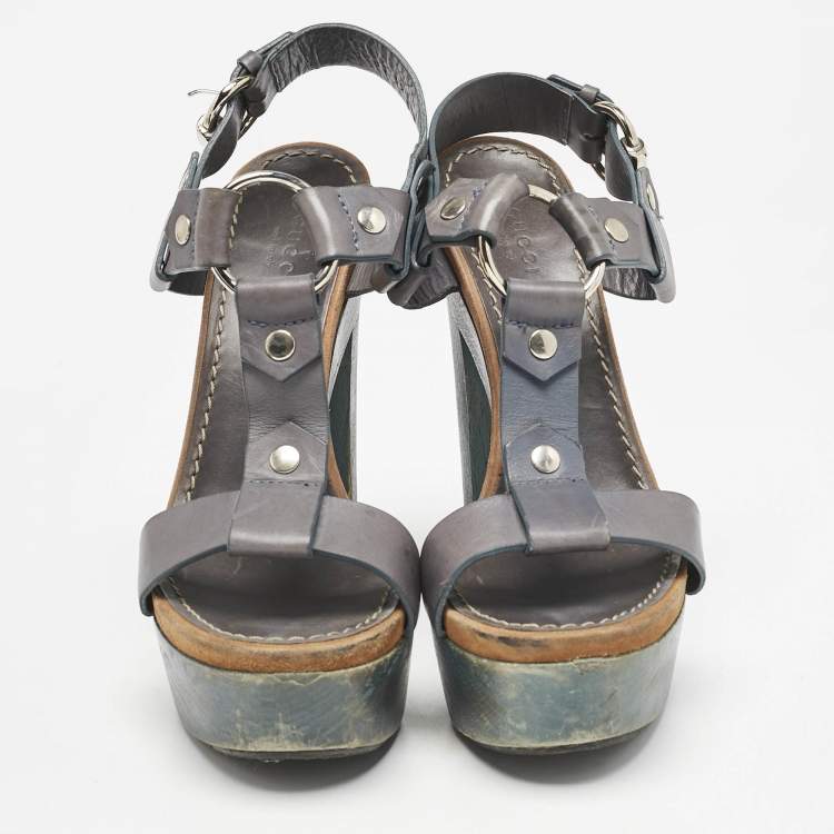 Pre Owned Gucci Navy Blue Leather Claudie Ankle Strap Sandals Size 39