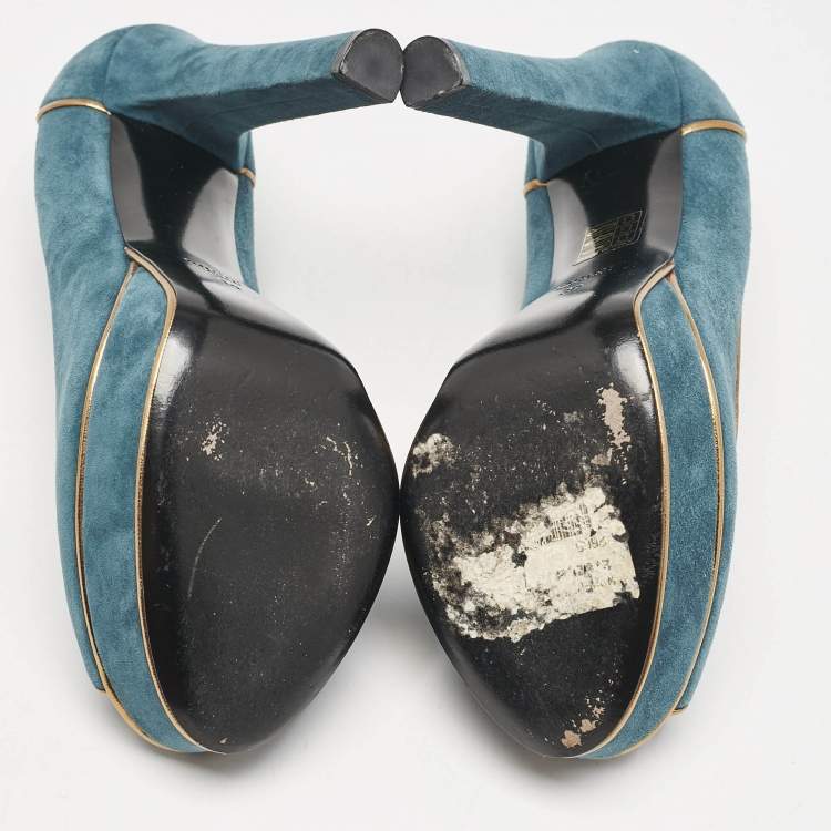 Pre Owned Gucci Blue\Gold Leather and Suede Peep Toe Pumps Size 39