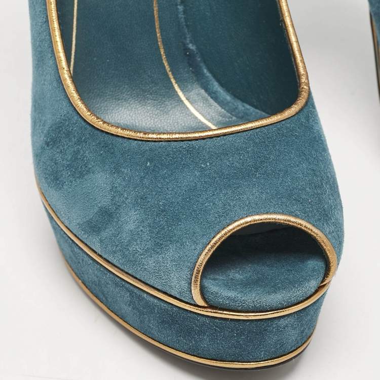 Pre Owned Gucci Blue\Gold Leather and Suede Peep Toe Pumps Size 39