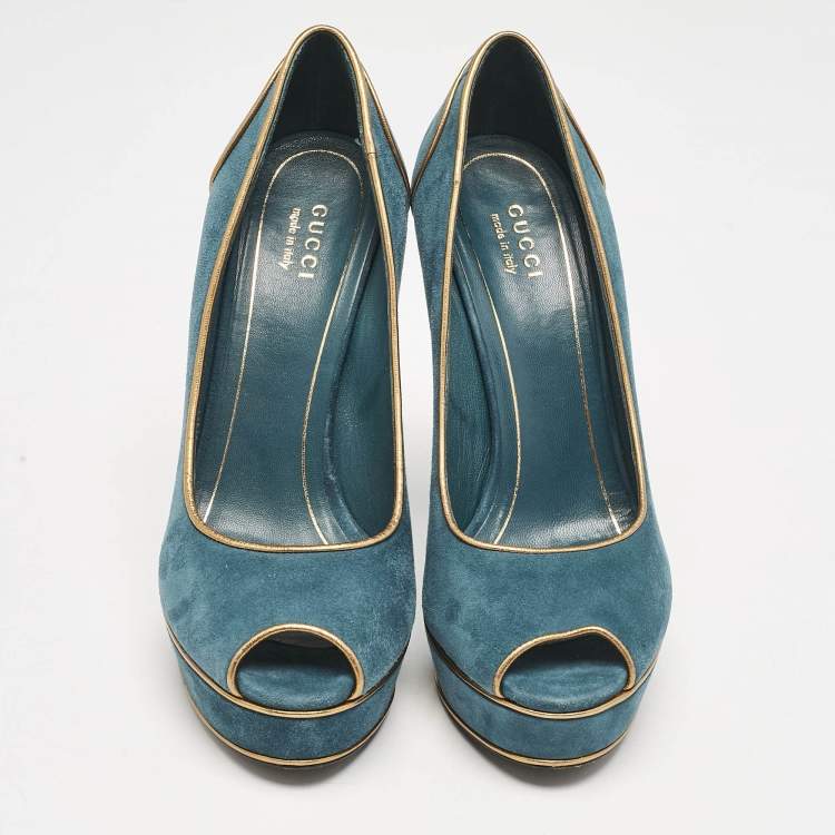 Pre Owned Gucci Blue\Gold Leather and Suede Peep Toe Pumps Size 39