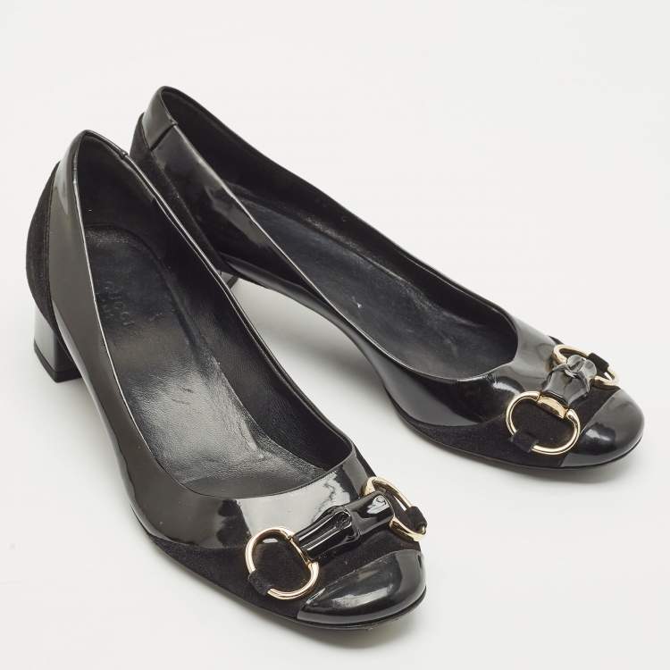 Pre Owned Gucci Black Patent Leather Horsebit Block Heel Pumps Size 38