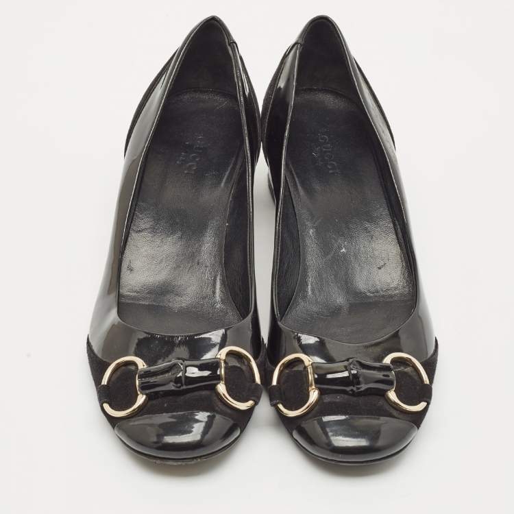 Pre Owned Gucci Black Patent Leather Horsebit Block Heel Pumps Size 38