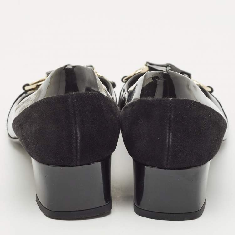 Pre Owned Gucci Black Patent Leather Horsebit Block Heel Pumps Size 38