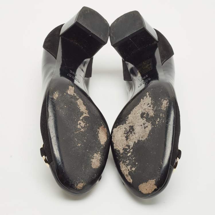Pre Owned Gucci Black Patent Leather Horsebit Block Heel Pumps Size 38