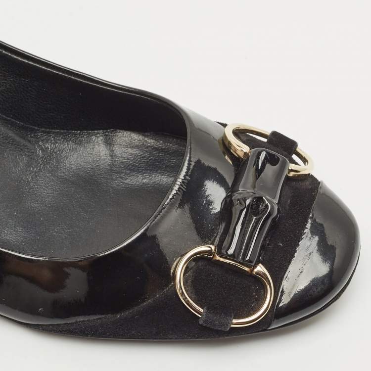 Pre Owned Gucci Black Patent Leather Horsebit Block Heel Pumps Size 38