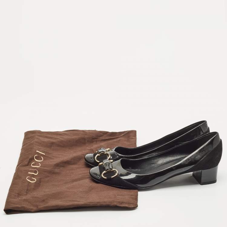 Pre Owned Gucci Black Patent Leather Horsebit Block Heel Pumps Size 38