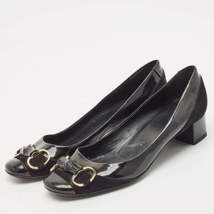 Pre Owned Gucci Black Patent Leather Horsebit Block Heel Pumps Size 38