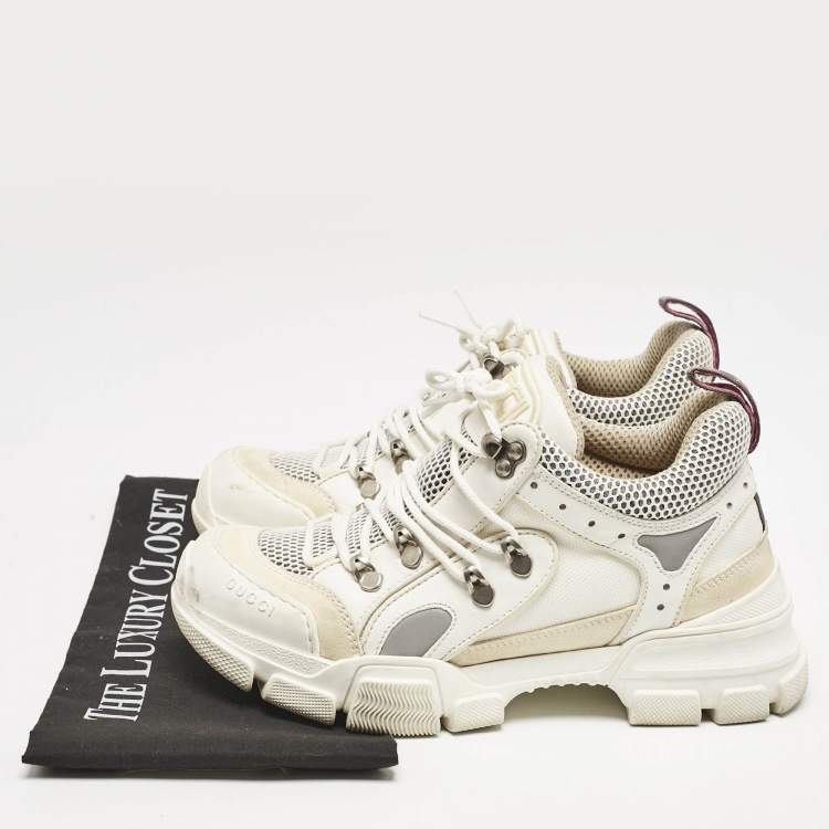 مملوكة مسبقًا Gucci White Canvas and Leather Flashtrek Chunky Sneakers Size 38