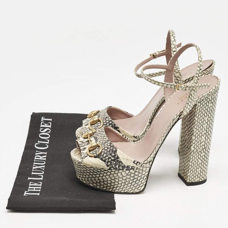 Pre Owned Gucci Two Tone Python Leather GG Marmont Ankle Strap Sandals Size 39.5
