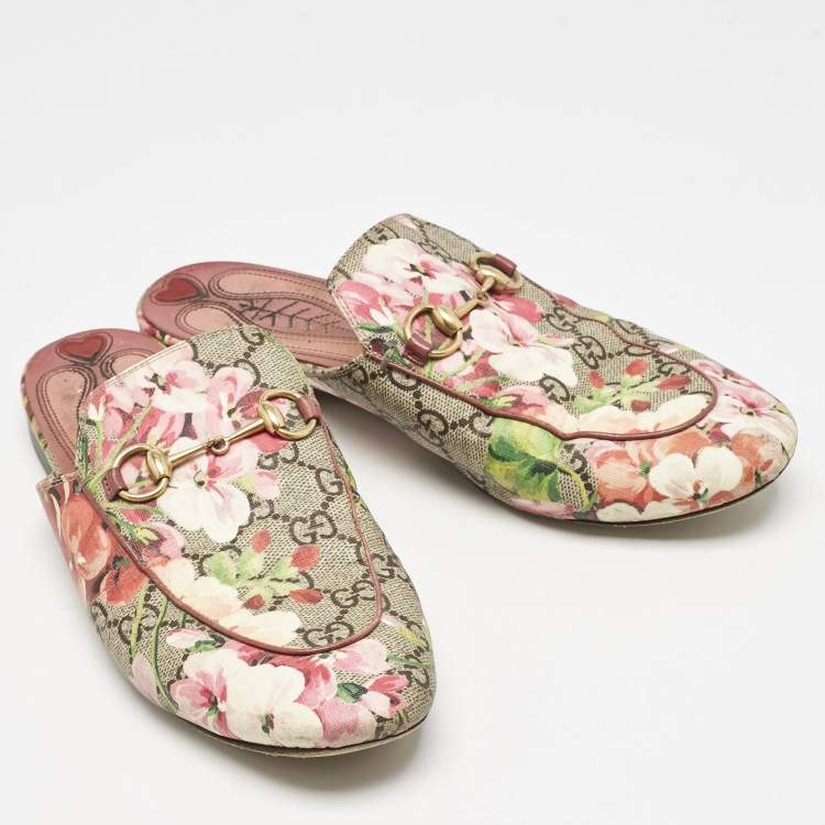 Pre Owned Gucci Multicolor Blooms GG Supreme Canvas Princetown Flat Mules Size 38