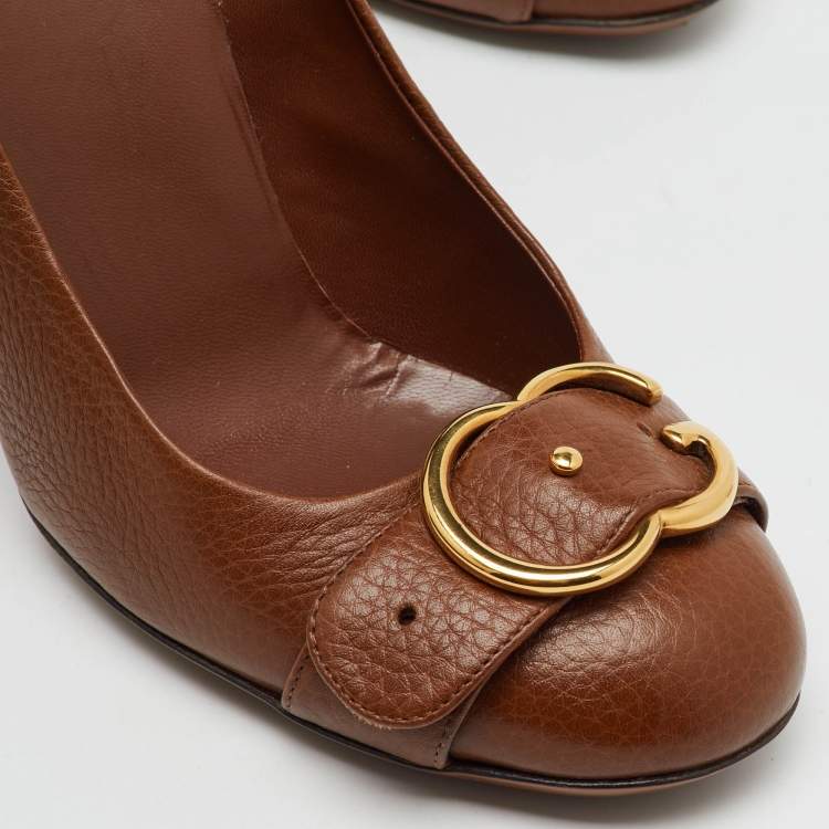 Pre Owned Gucci Brown Leather 'Ride' GG Buckle Pumps Size 39.5