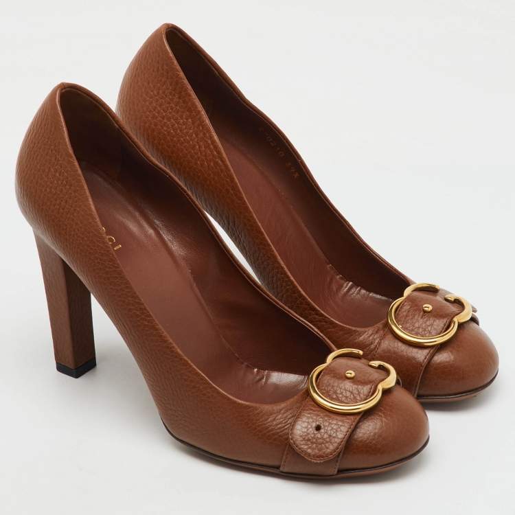 Pre Owned Gucci Brown Leather 'Ride' GG Buckle Pumps Size 39.5