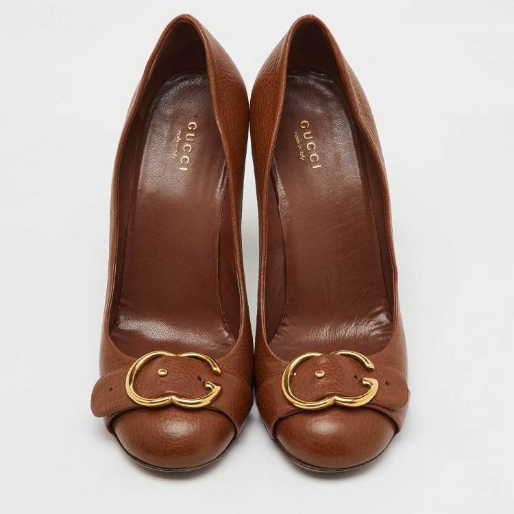 Pre Owned Gucci Brown Leather 'Ride' GG Buckle Pumps Size 39.5