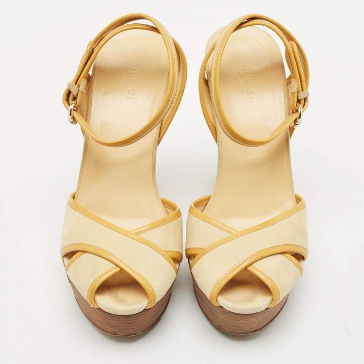 Pre Owned Gucci Yellow Suede and Patent Leather Trim Criss Cross Platform Ankle Strap Sandals 39.5