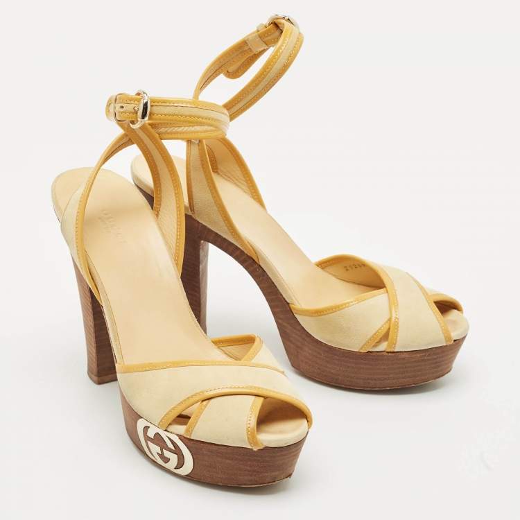 Pre Owned Gucci Yellow Suede and Patent Leather Trim Criss Cross Platform Ankle Strap Sandals 39.5