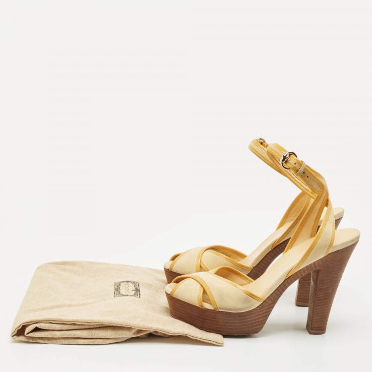 Pre Owned Gucci Yellow Suede and Patent Leather Trim Criss Cross Platform Ankle Strap Sandals 39.5