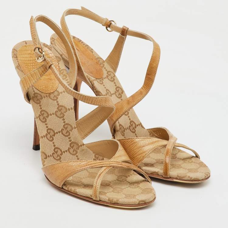 Pre Owned Gucci Brown Lizard Cross Ankle Strap Sandals Size 39.5
