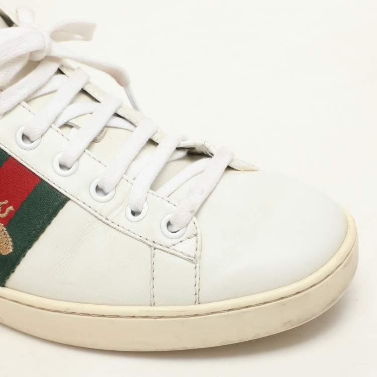 Pre Owned Gucci White Leather Embroidered Bee Ace Low Top Sneakers Size 37.5
